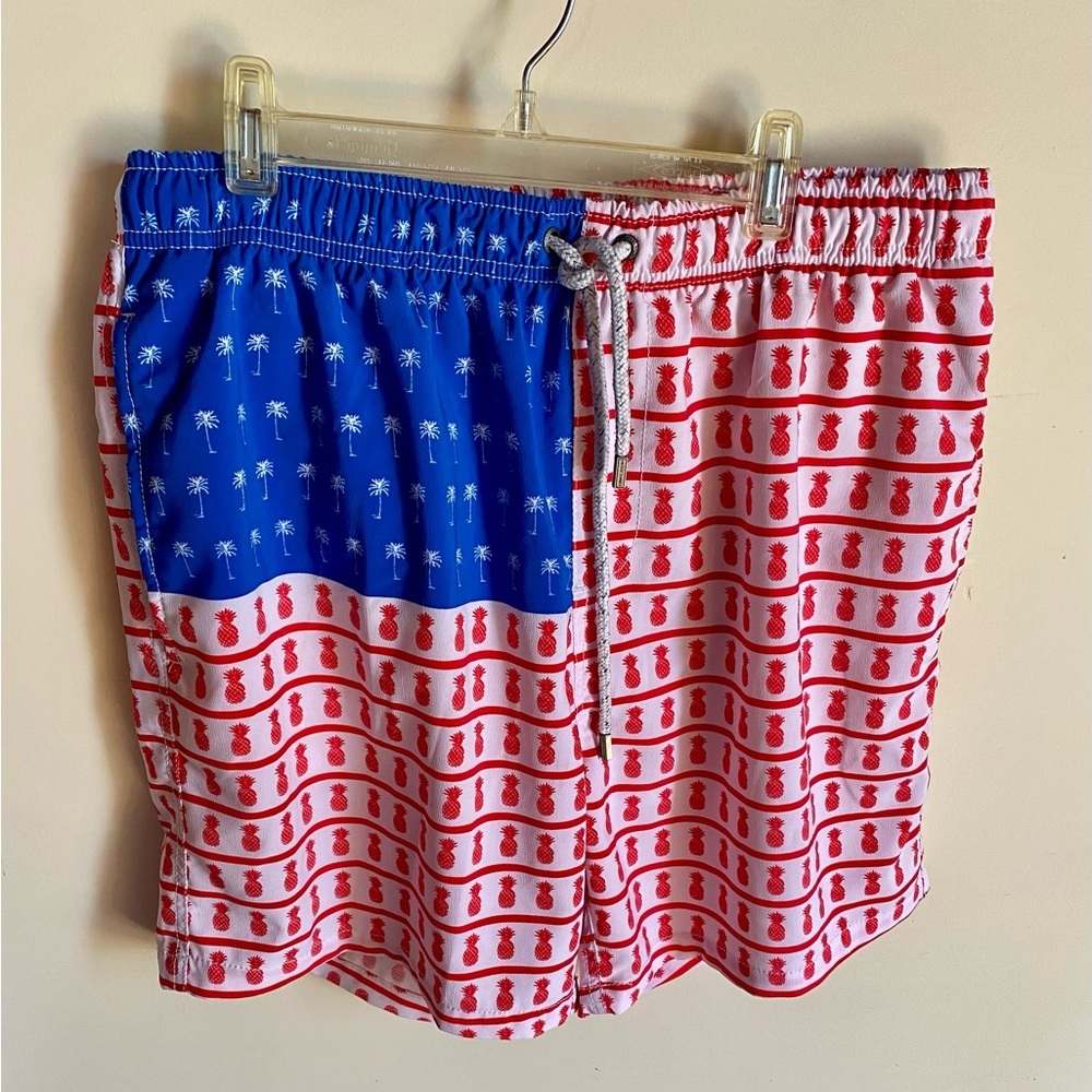 🌴Vintage Summer Swim Shorts American Flag Inspired w/red pineapples & palm tree